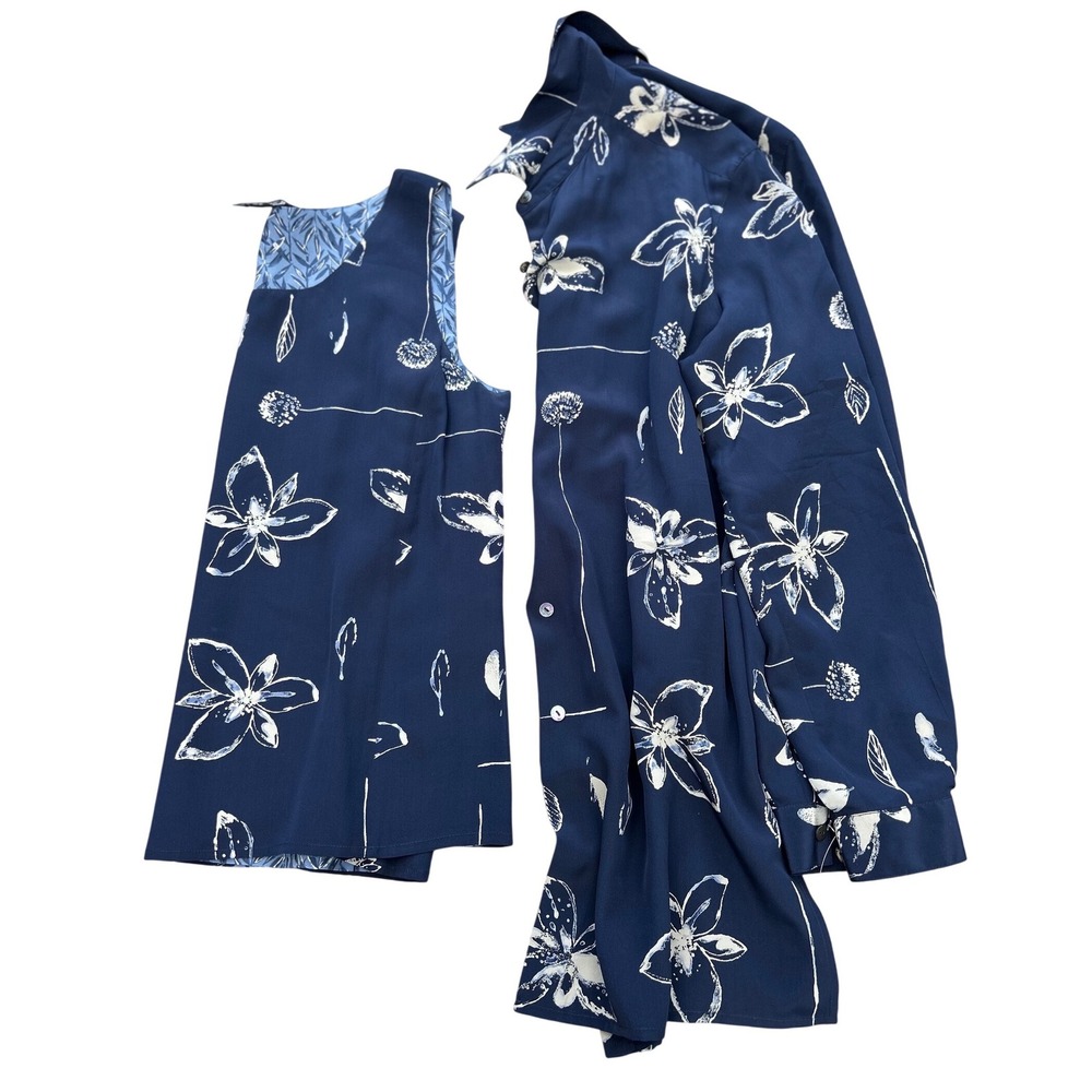 Liz Claiborne Collection 100% Silk 2pc Set Navy Floral Shirt & Tank Size 8